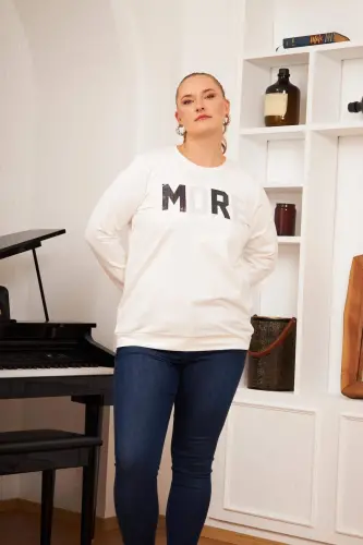 Plus Size Stone Printed Sweatshirt Ecru - 5