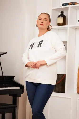 Plus Size Stone Printed Sweatshirt Ecru - 4
