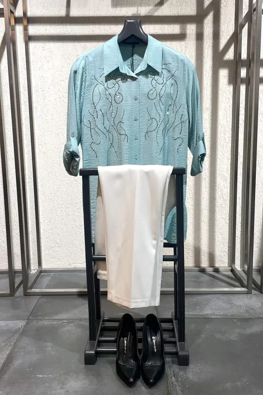 Plus Size Stone Printed Woven Mint Shirt - BÜYÜKBEDENIZ
