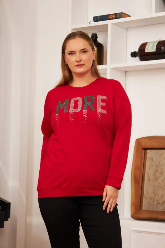 Plus Size Stone Washed Sweatshirt Red - BÜYÜKBEDENIZ