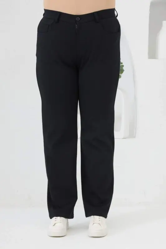 Plus Size Straight Leg Steel Knit Pants Navy Blue - BÜYÜKBEDENIZ