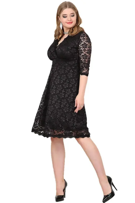 Plus Size Stretch Lace Short Dress Black KL70088 - 1