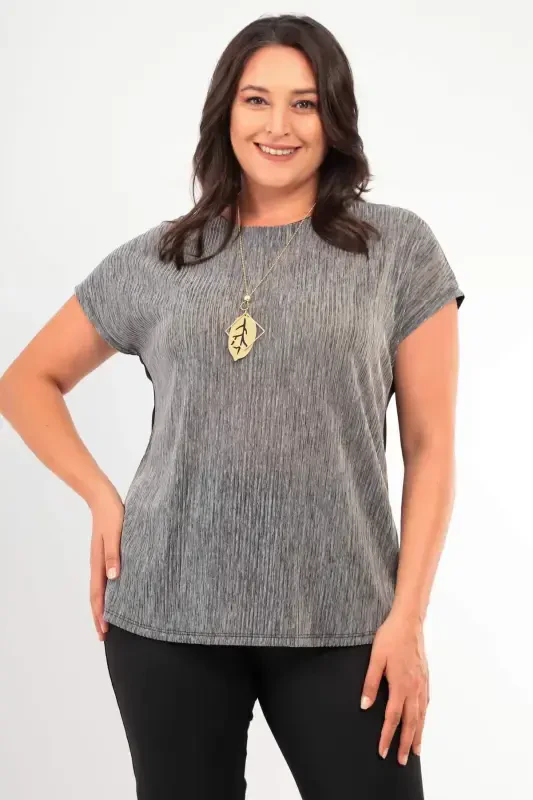 Plus Size Striped Sequined Cap Sleeve Grey Formal Blouse - 1