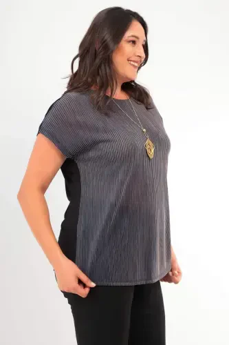 Plus Size Striped Sequined Low Shoulder Navy Party Blouse - 3