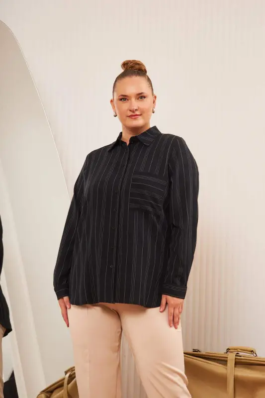 Plus Size Striped Shirt Black - 2