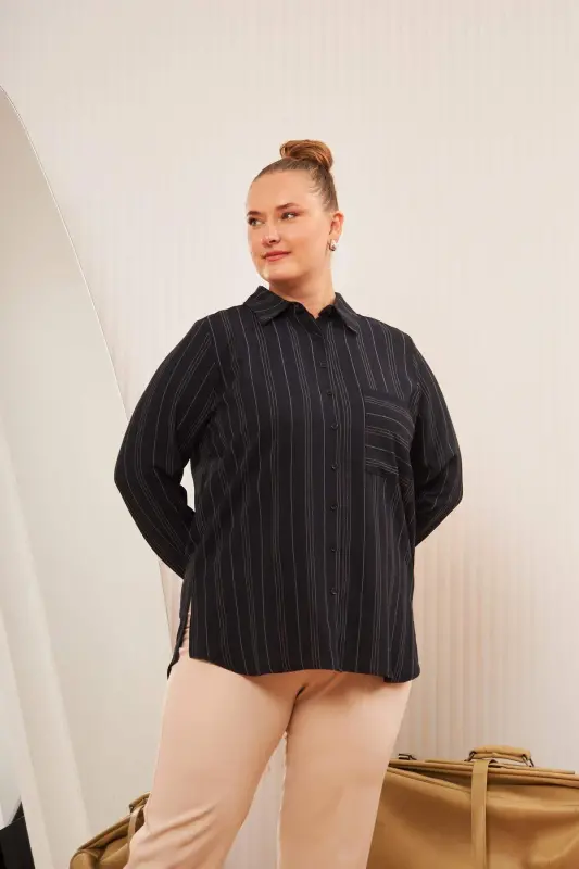 Plus Size Striped Shirt Black - 4