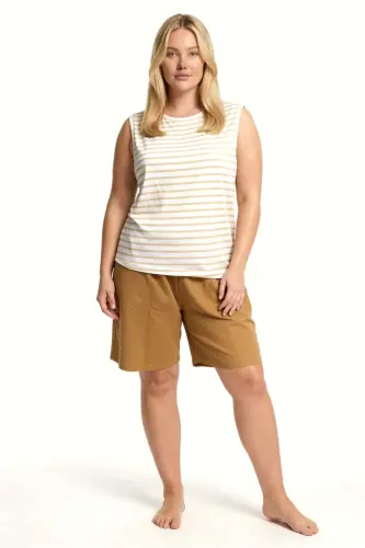 Plus Size Striped Women's Pajama Set with Tank Top, Shorts and Pockets – Beige - 2