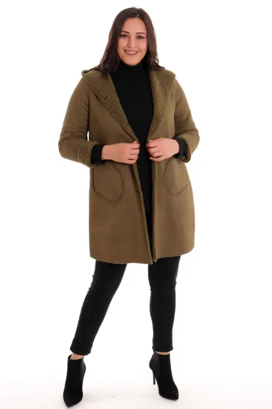 Plus Size Suede Lined Teddy Haki Coat - 6