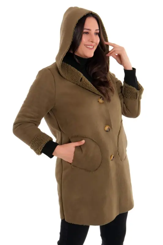 Plus Size Suede Lined Teddy Haki Coat - BÜYÜKBEDENIZ