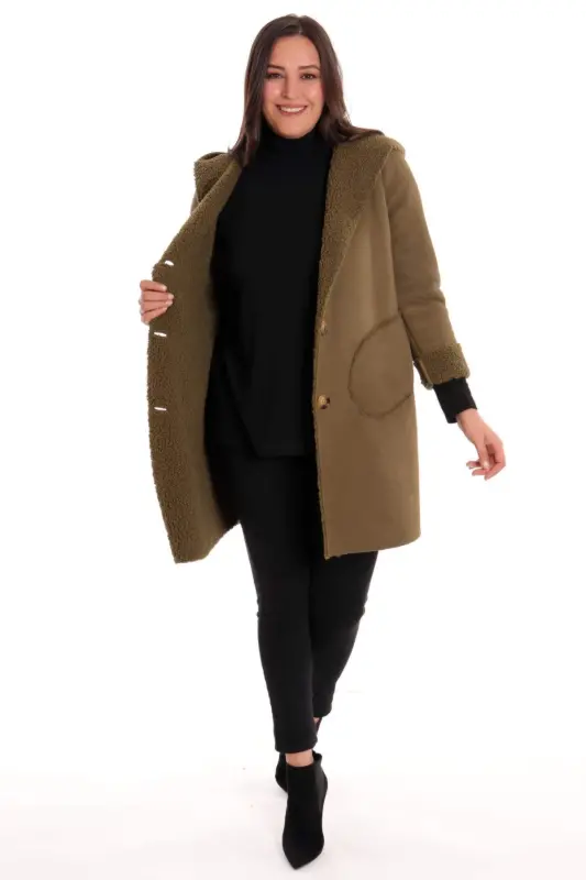 Plus Size Suede Lined Teddy Haki Coat - 2