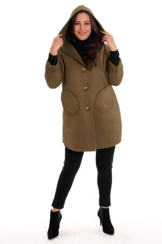 Plus Size Suede Lined Teddy Haki Coat - 4