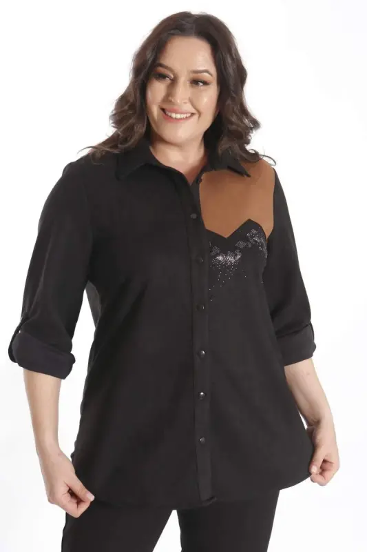 Büyük Beden Süet Taş Baskılı Siyah Gömlek - 3