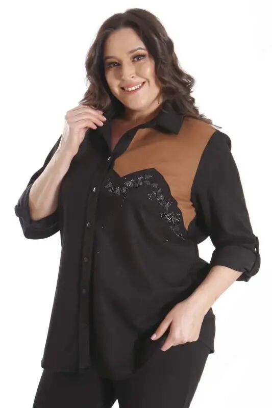 Plus Size Suede Stone Printed Black Shirt - 1