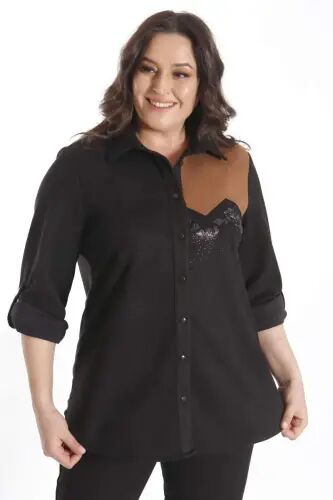 Plus Size Suede Stone Printed Black Shirt - 3