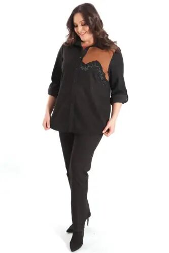 Plus Size Suede Stone Printed Black Shirt - 4