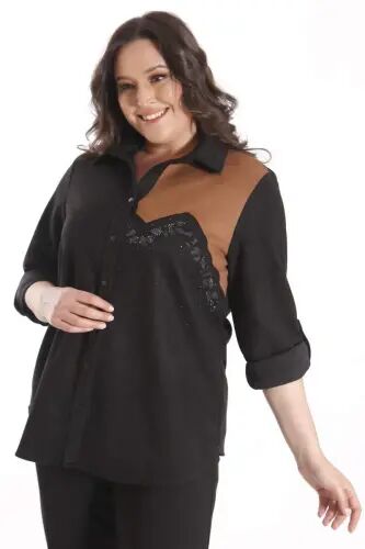 Plus Size Suede Stone Printed Black Shirt - 5