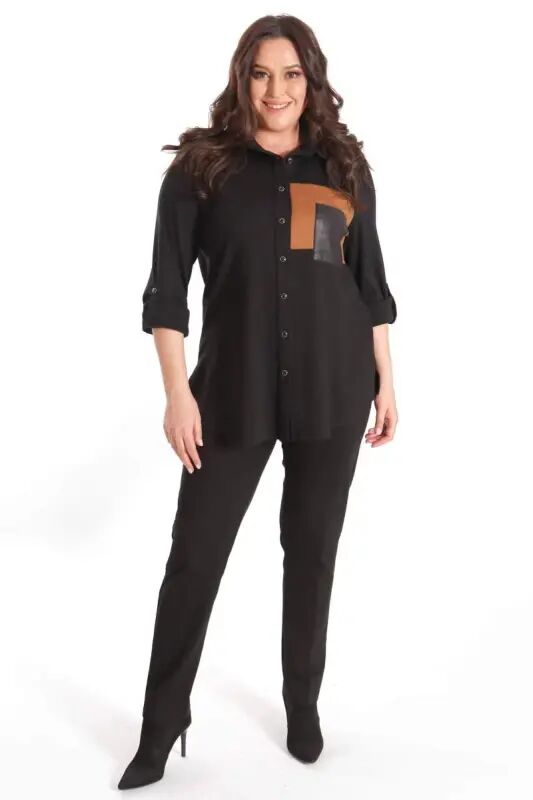 Plus Size Suede Trimmed Knitted Black Shirt - 2