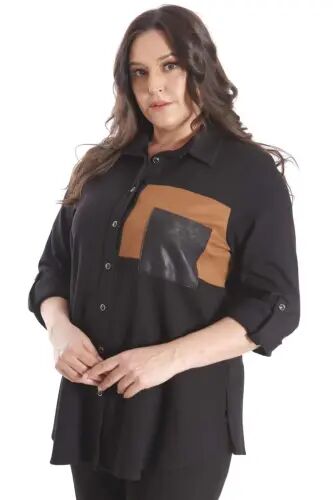 Plus Size Suede Trimmed Knitted Black Shirt - 3
