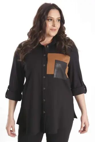 Plus Size Suede Trimmed Knitted Black Shirt - 6