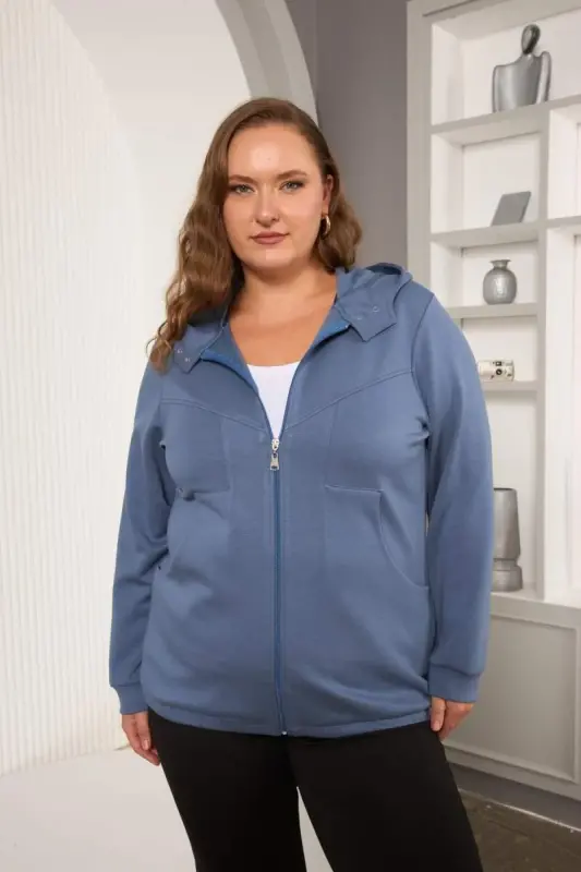 Plus Size Sweatshirt Indigo with Pocket Detail - 1