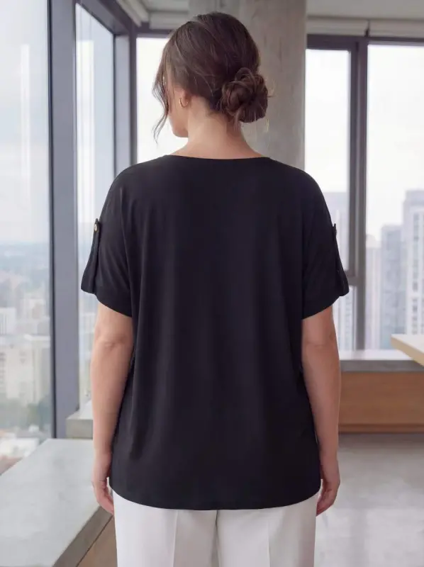 Plus Size T-Shirt with Stone Print and Sleeve Detail Black - 4