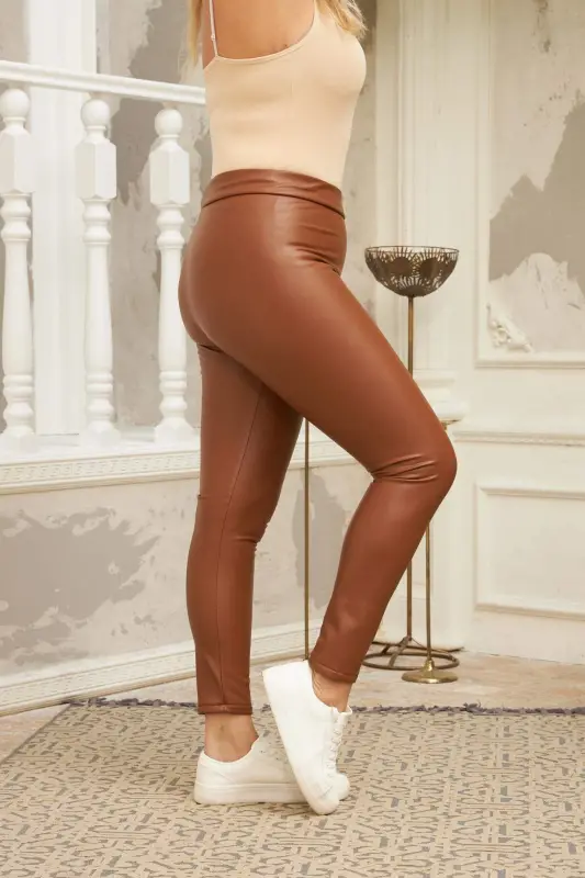 Plus Size Tan Leather Leggings - 6