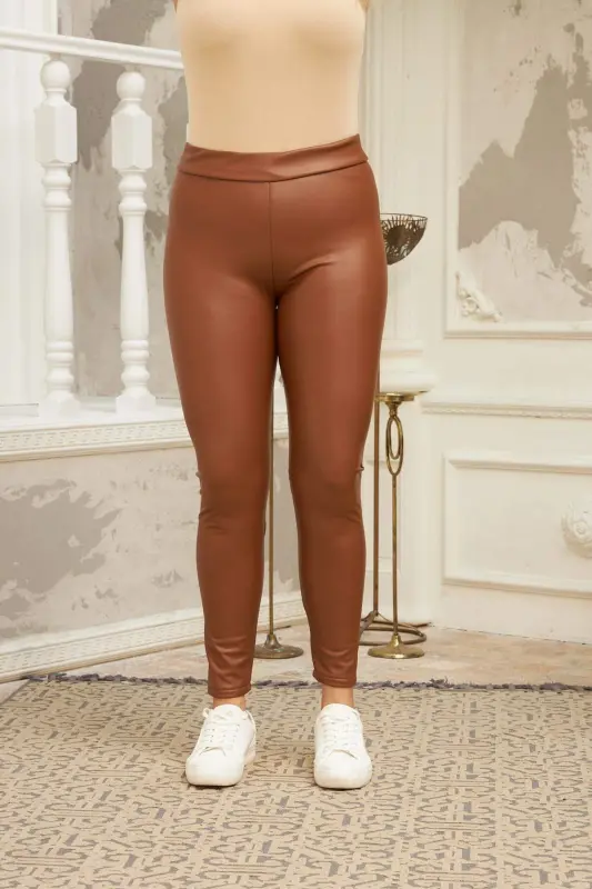 Plus Size Tan Leather Leggings - 1
