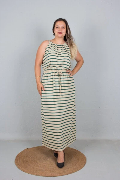 Plus Size Tie Detail Strappy Waist Elastic Green Striped Maxi Dress - TRUVA XXL