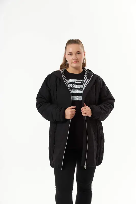 Plus Size Toast Quilted Coat Black - BÜYÜKBEDENIZ