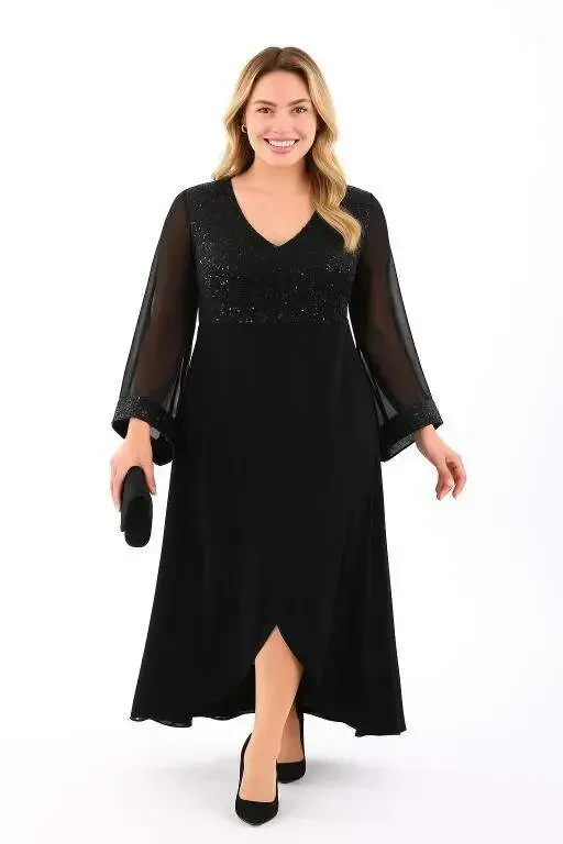 Plus Size Top Sequin Skirt Flared Long Evening Dress KL3089 - 1