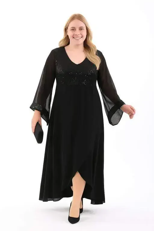 Plus Size Top Sequin Skirt Flared Long Evening Dress KL3089 - 2