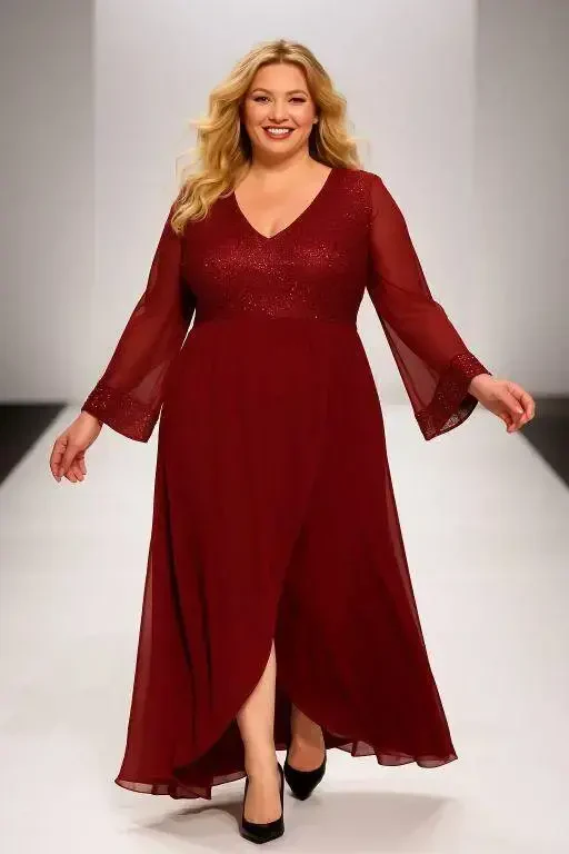 Plus Size Top Sequin Skirt Flared Long Evening Dress KL3089 Burgundy - 1
