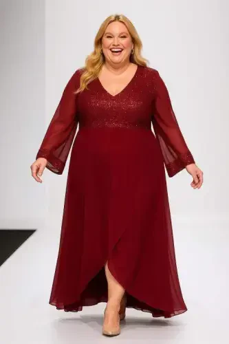 Plus Size Top Sequin Skirt Flared Long Evening Dress KL3089 Burgundy - 2