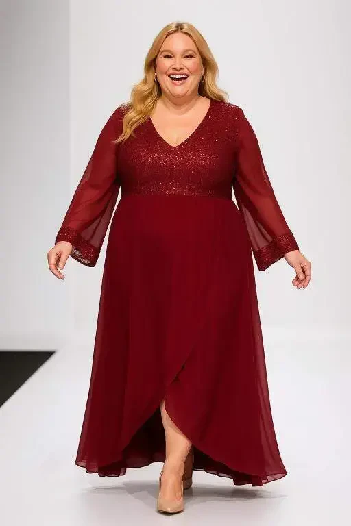 Plus Size Top Sequin Skirt Flared Long Evening Dress KL3089 Burgundy - 2