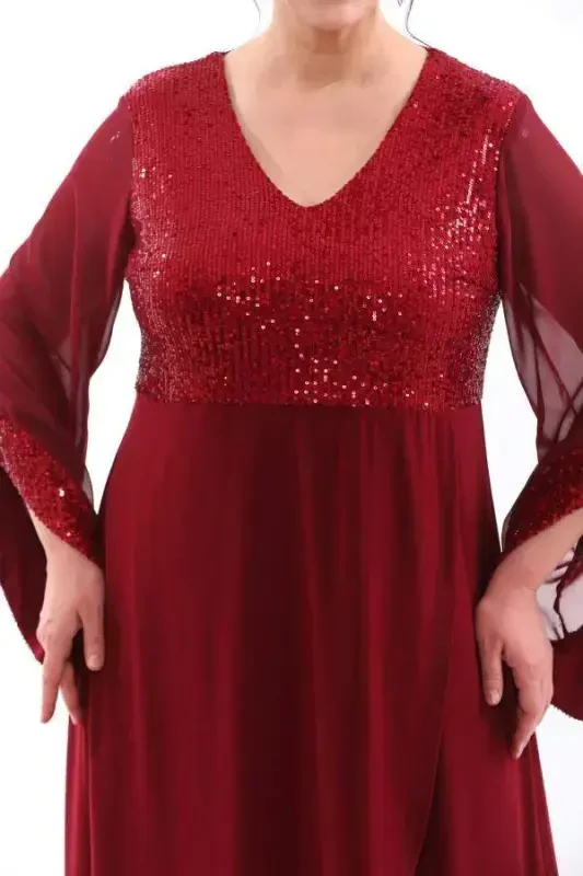 Plus Size Top Sequin Skirt Flared Long Evening Dress KL3089 Burgundy - 5