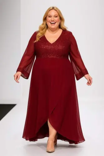 Plus Size Top Sequin Skirt Flared Long Evening Dress KL3089 Burgundy - BÜYÜKBEDENIZ (1)