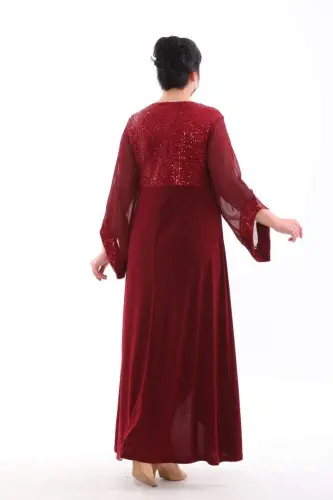 Plus Size Top Sequin Skirt Flared Long Evening Dress KL3089 Burgundy - 4
