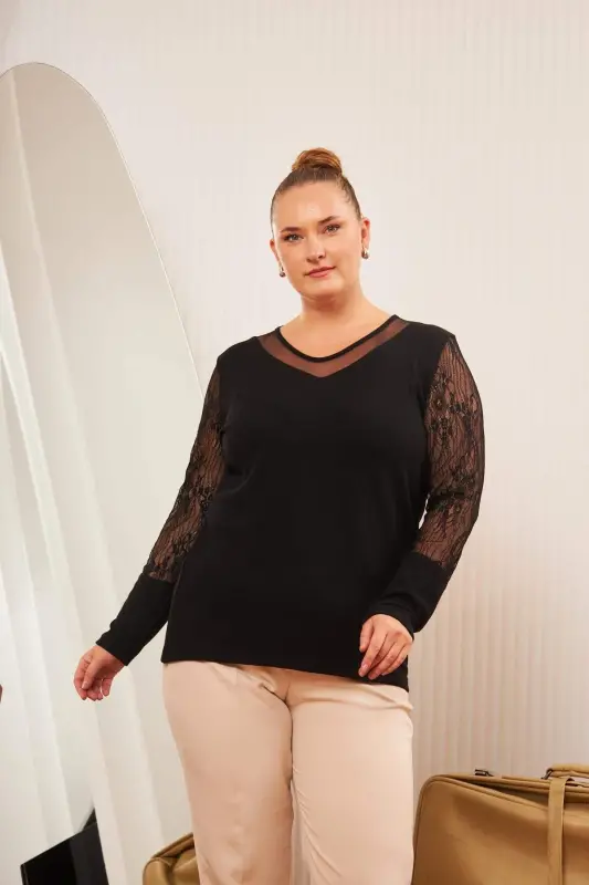 Plus Size Tulle and Lace Detail Blouse Black - BÜYÜKBEDENIZ