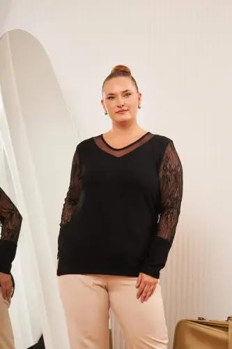 Plus Size Tulle and Lace Detail Blouse Black - BÜYÜKBEDENIZ (1)