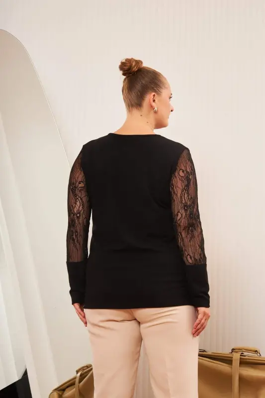 Plus Size Tulle and Lace Detail Blouse Black - 11