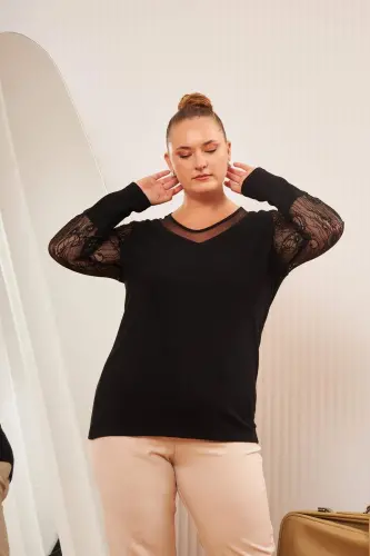 Plus Size Tulle and Lace Detail Blouse Black - 5