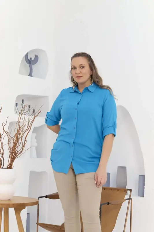 Plus Size Turquoise Shirt with Epaulet Detail - 3