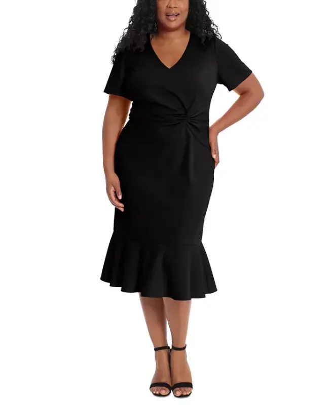 Plus Size Twist-Front Flounce-Hem Dress - Black - 1
