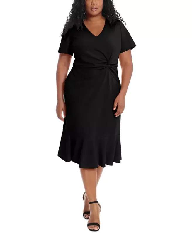 Plus Size Twist-Front Flounce-Hem Dress - Black - 3