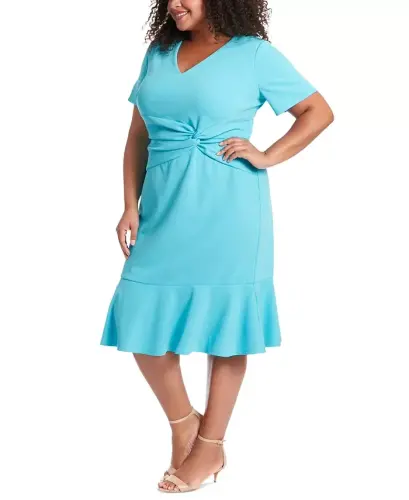 Plus Size Twist-Front Flounce-Hem Dress - Blue Atoll - 4