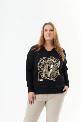 Plus Size V-Neck Cashmere Blend Patterned Knit Sweater Black - 1