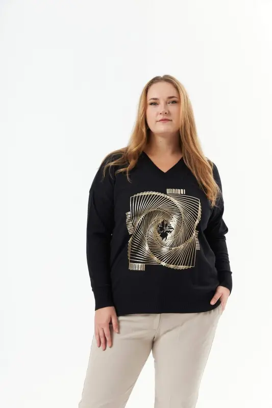 Plus Size V-Neck Cashmere Blend Patterned Knit Sweater Black - BÜYÜKBEDENIZ