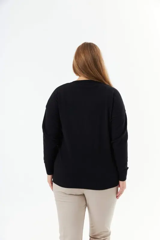 Plus Size V-Neck Cashmere Blend Patterned Knit Sweater Black - 7