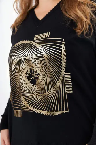 Plus Size V-Neck Cashmere Blend Patterned Knit Sweater Black - 2