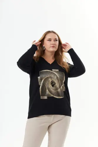 Plus Size V-Neck Cashmere Blend Patterned Knit Sweater Black - 3